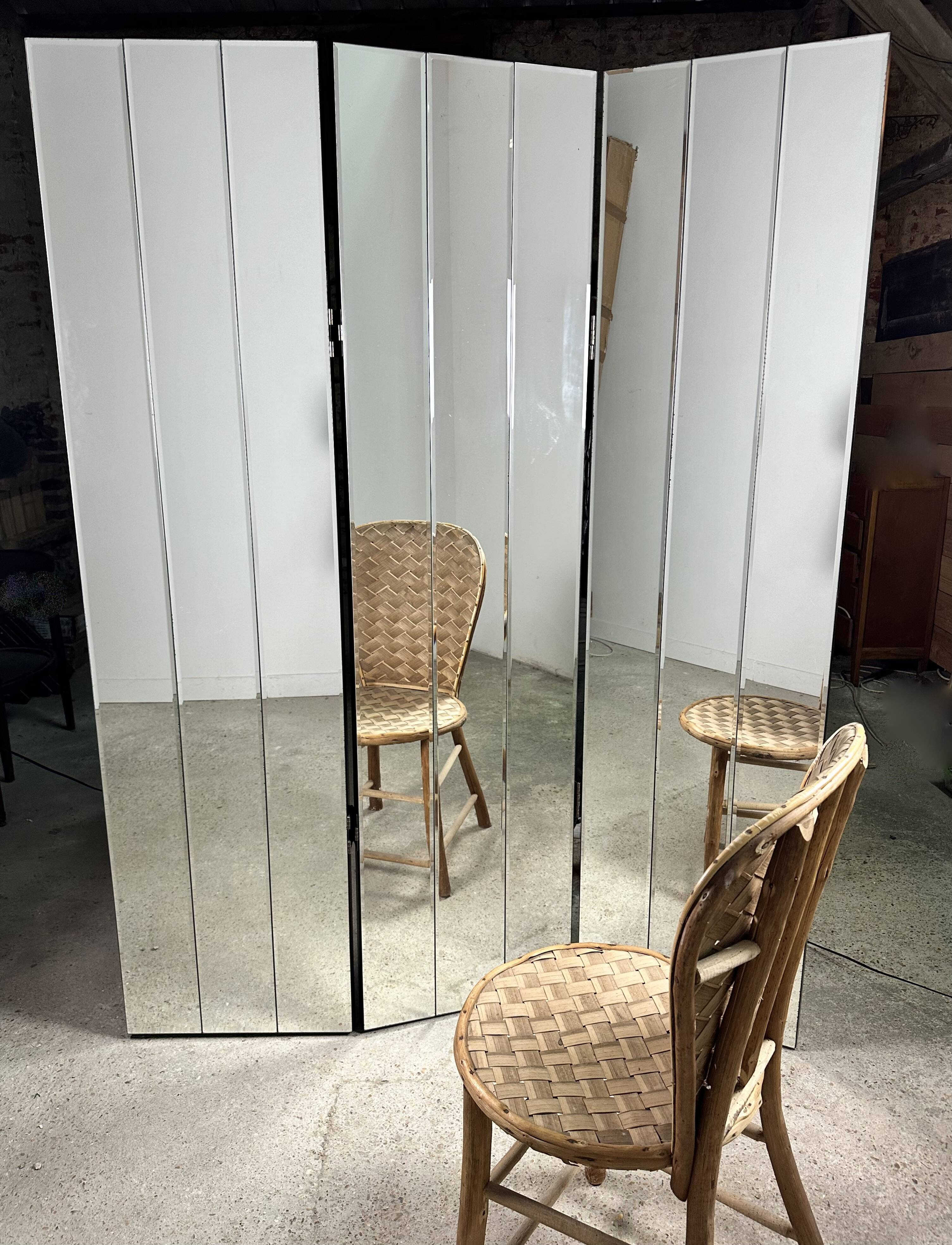 Vintage 80'S 3-panel beveled mirror screen