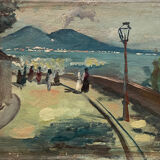 Tableau peinture ancienne paysage Vésuve Naples début XXe