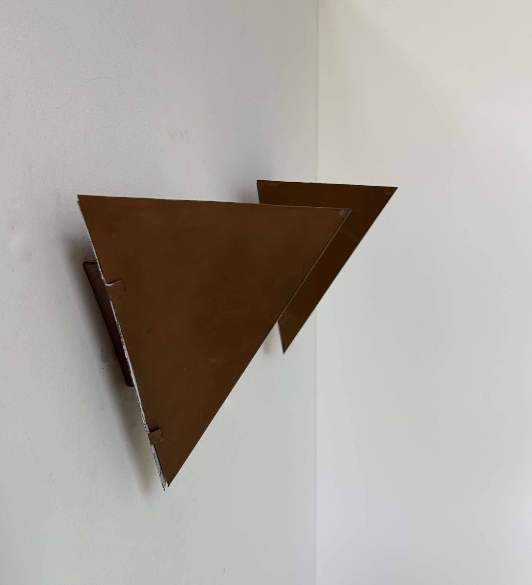 Pair of vintage geometric wall lights, patinated copper, France 1960