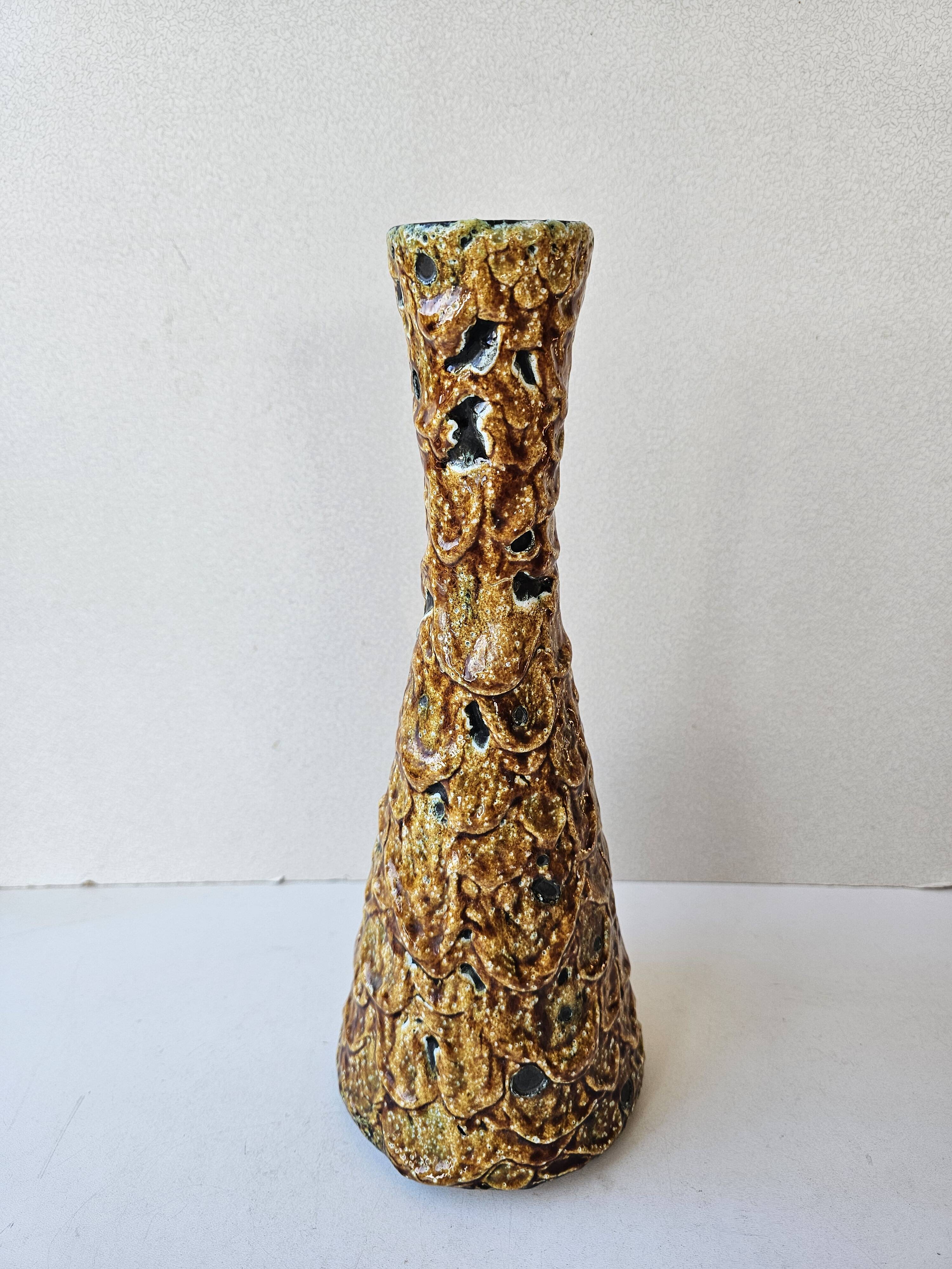 Vintage ceramic vase with honey glazes in Vallauris style, 30cm.