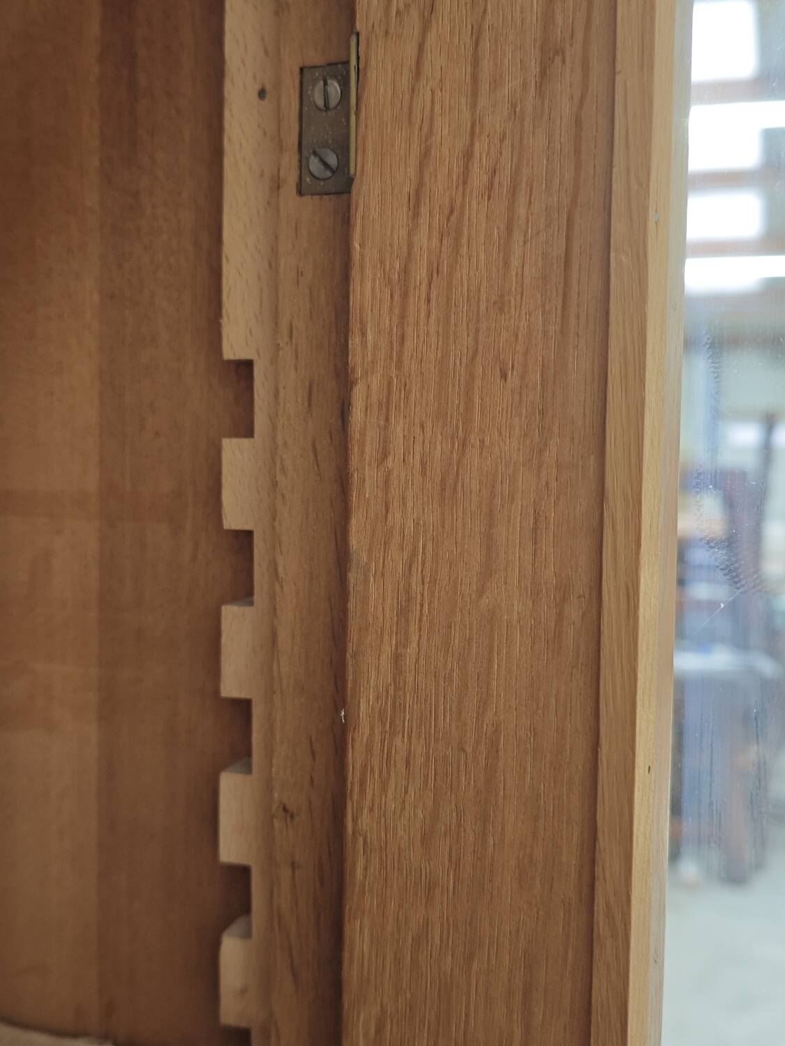 Oak glass-fronted school cabinet 1960