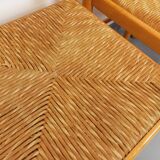 Set of 4 vintage brutalist chairs in light wood and straw from the 70s
