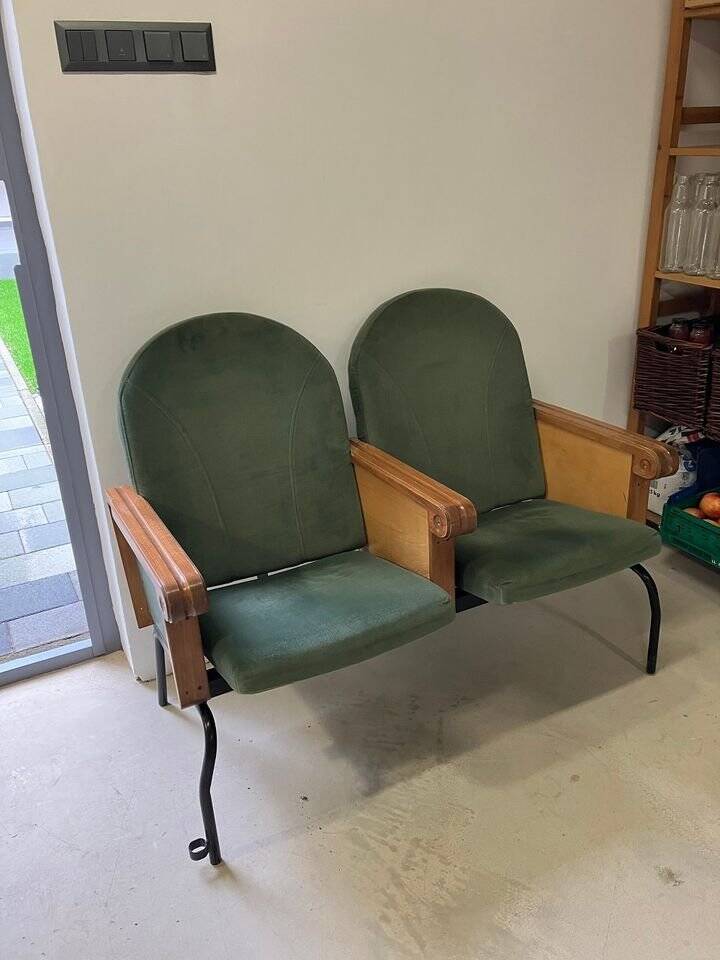 Forest green cinema double seat in oak and metal - 2 places, 1970s vintage design