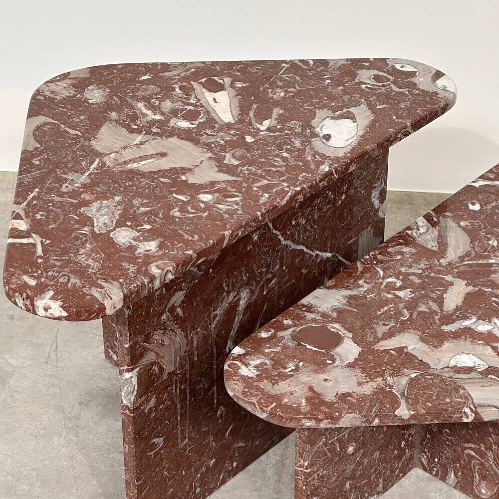 Set of 2 Belgian Rouge Griotte marble coffee tables, vintage postmodern nesting
