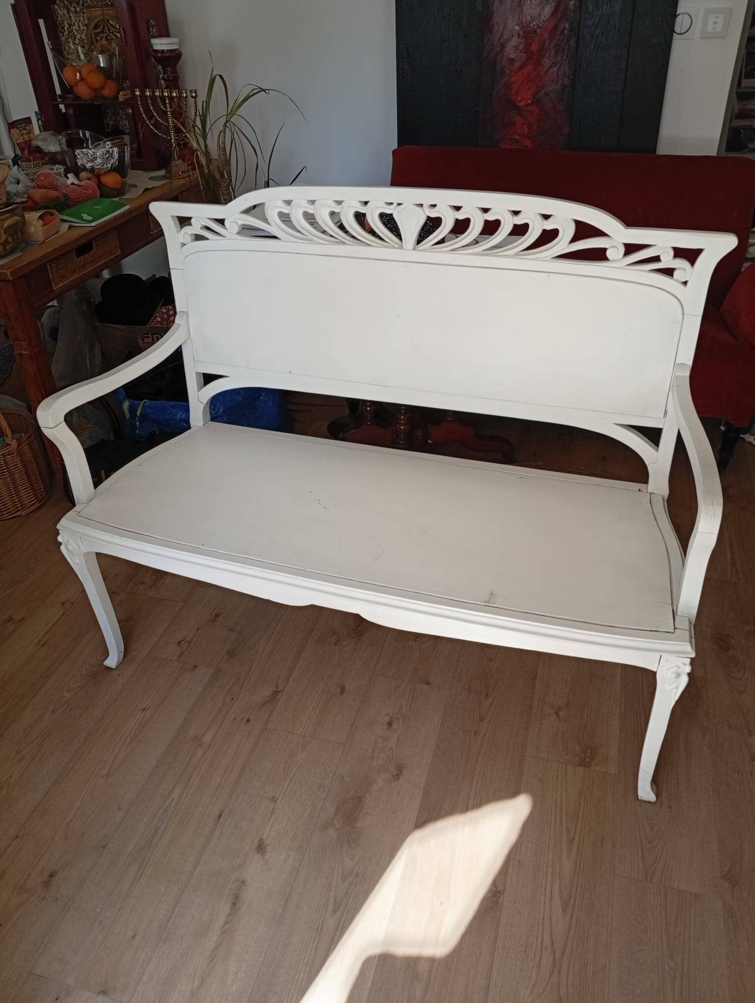 Art Nouveau wooden bench, colonial style, period, renovated.