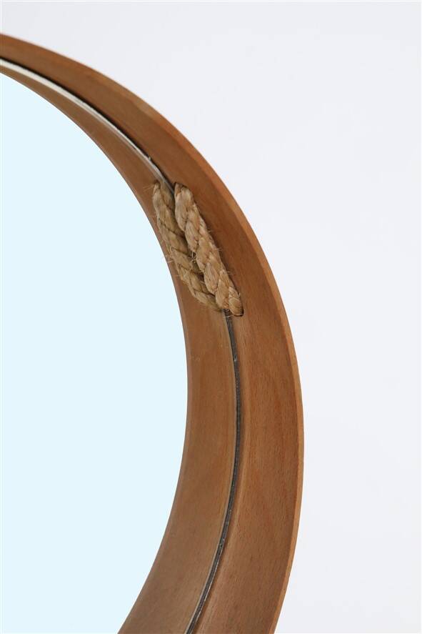 Round mid-century wall mirror / beech / sisal / Danish modern design / 1970s