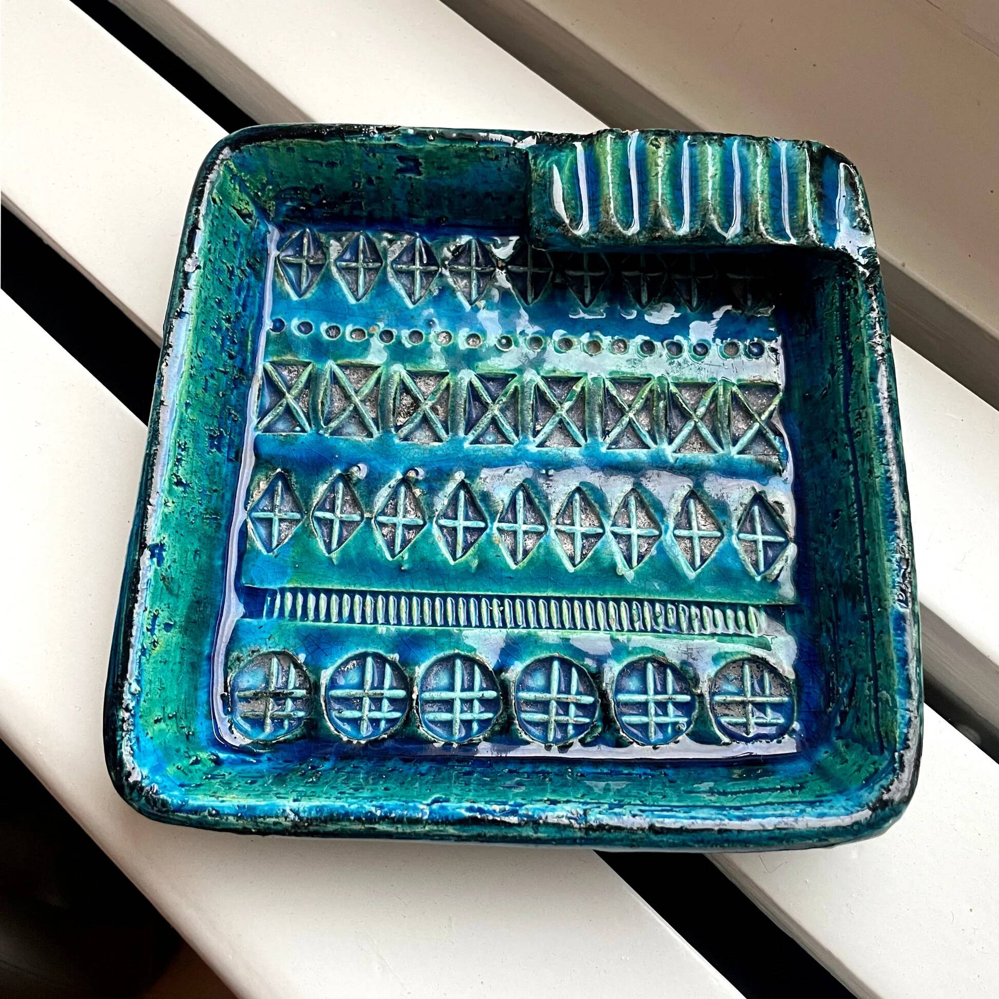 Aldo Londi for Bitossi Italian square teal blue green ashtray