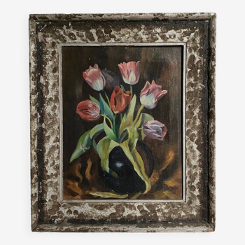 Oil on canvas bouquet of tulips 1930 limed frame