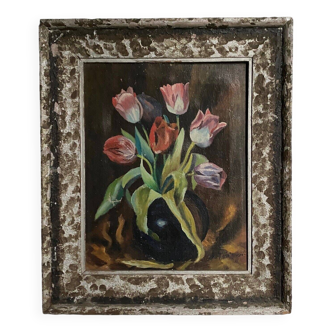 Oil on canvas bouquet of tulips 1930 limed frame