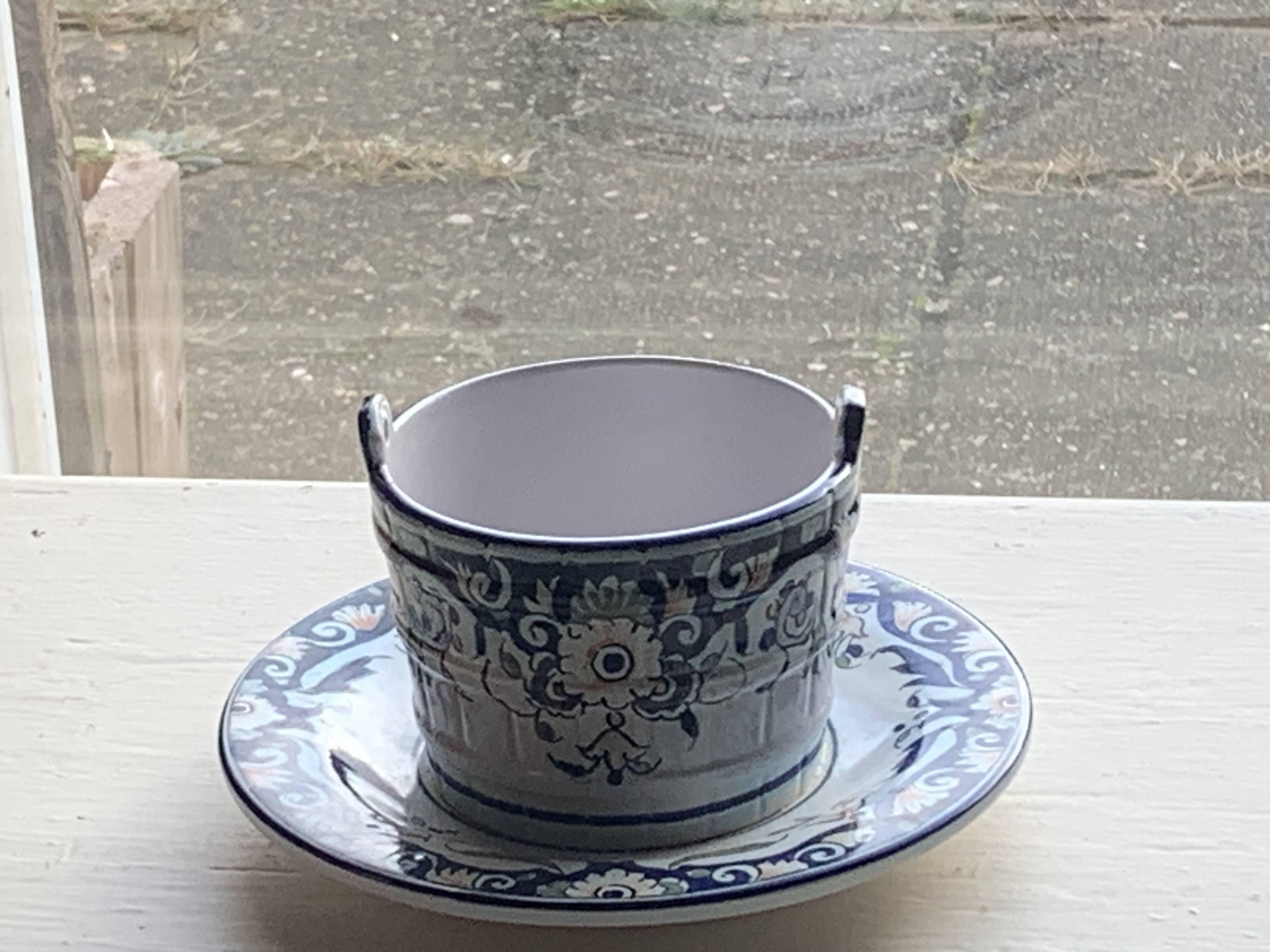 Butter dish, sauce pot in Old Rouen earthenware, handmade, made in France, floral pattern, vintage