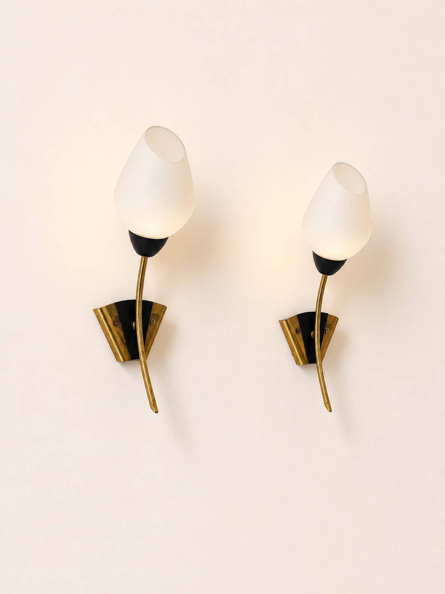 Pair of vintage wall lights, brass and opaline, France, 1960.