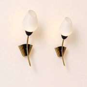 Pair of vintage wall lights, brass and opaline, France, 1960.