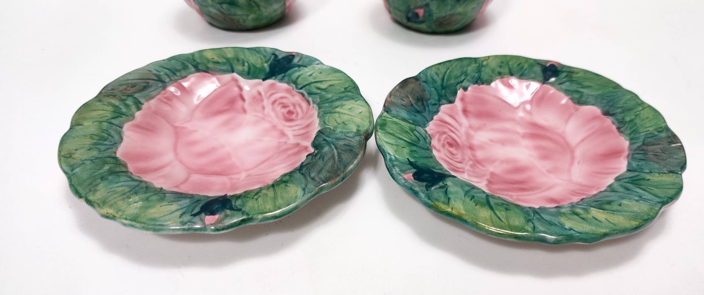 Pair of Green Earthenware Tea /Coffee Cups with Floral Motifs by Zaccagnini