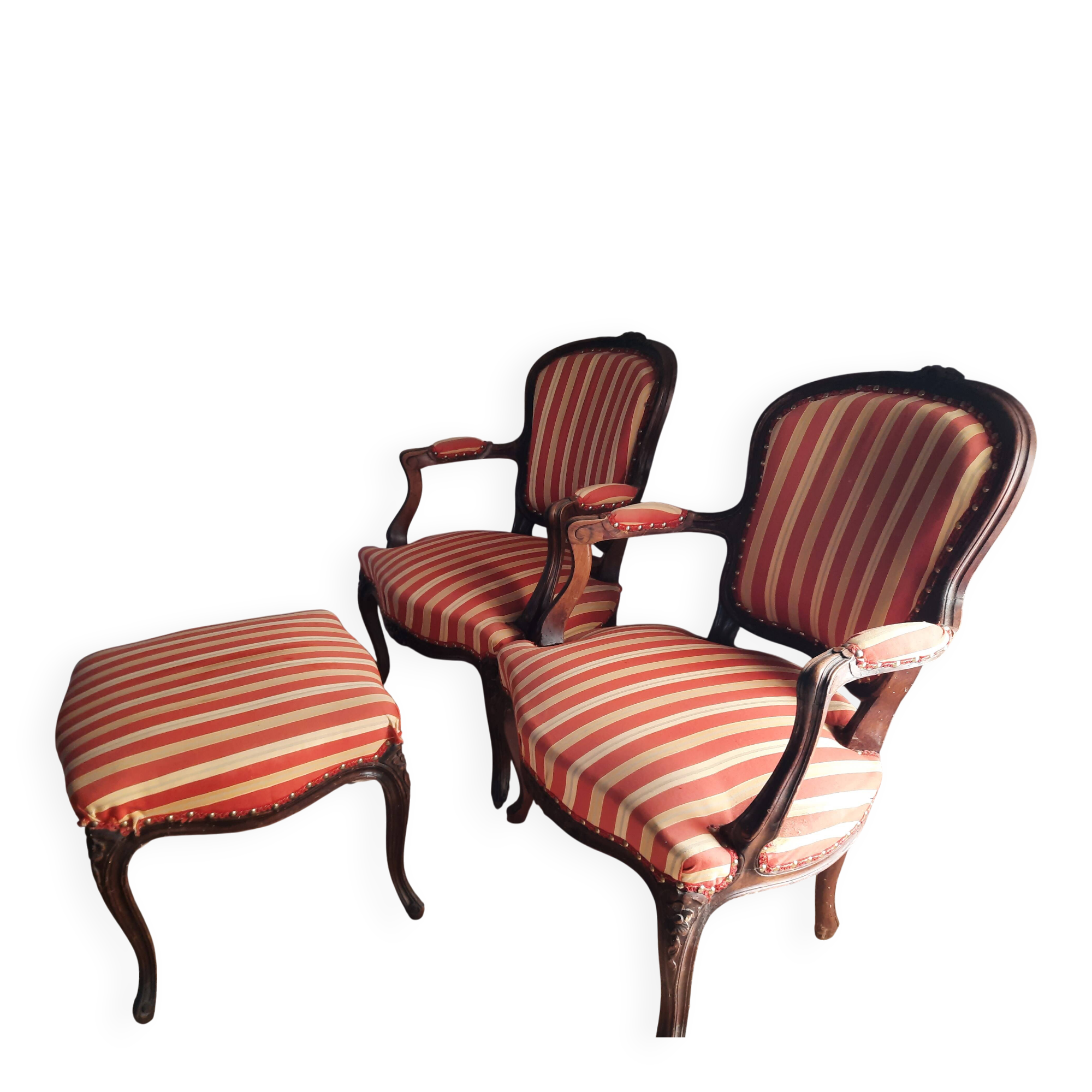Pair of armchairs + stool in antique Louis XV style