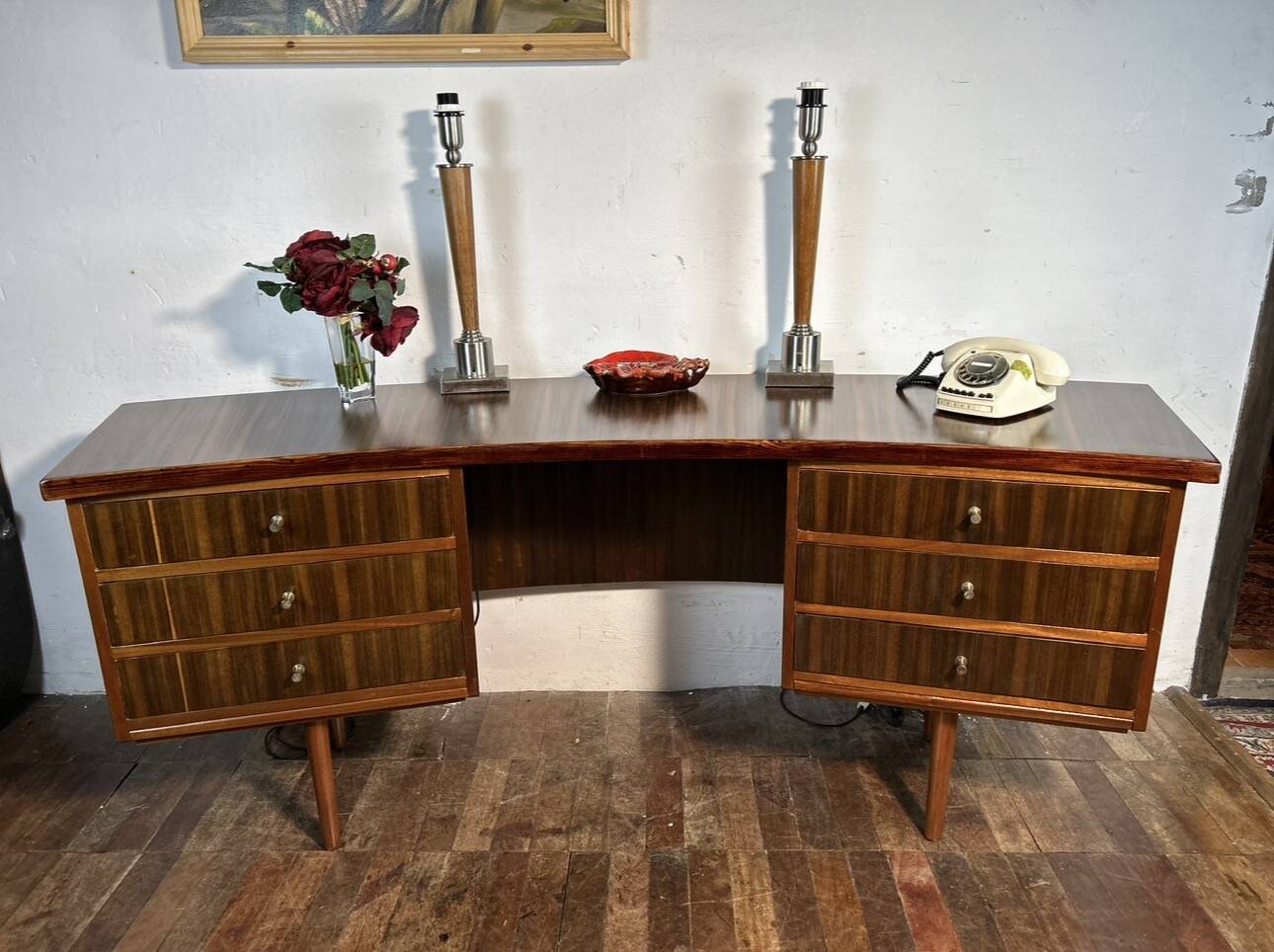 Mid Century Retro Vintage Walnut executive Desk by Morris of Glasgow curved