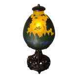 Wrought iron lamp with superb Emile Galle art nouveau lampshade, acid-free in multi-layer