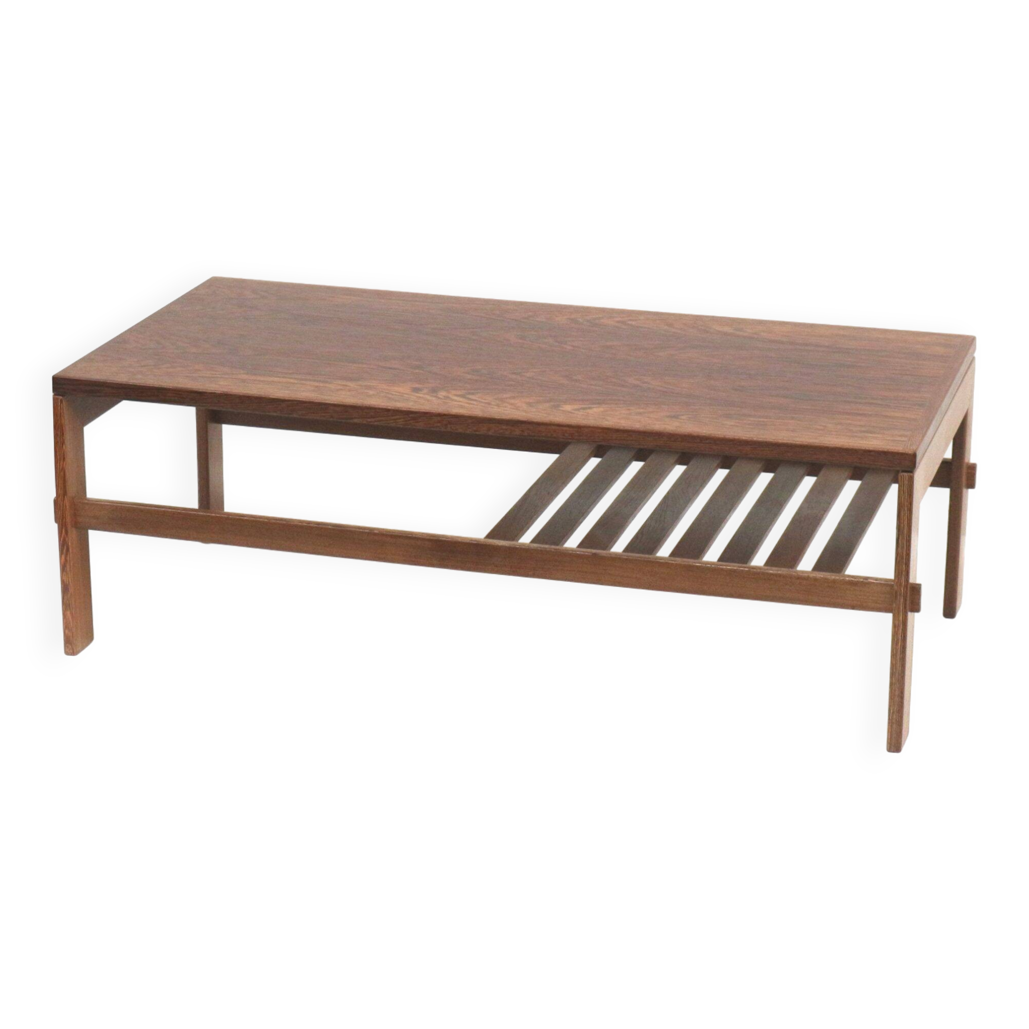 Brutalist wenge coffee table with integrated magazine rack, 1970s