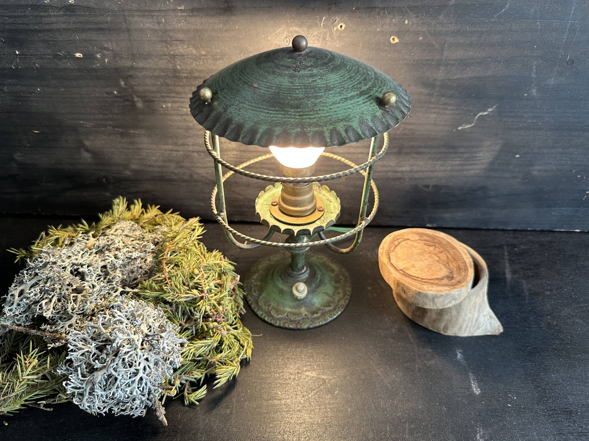 Antique patinated green metal lamp, Art Nouveau style, early 20th century.