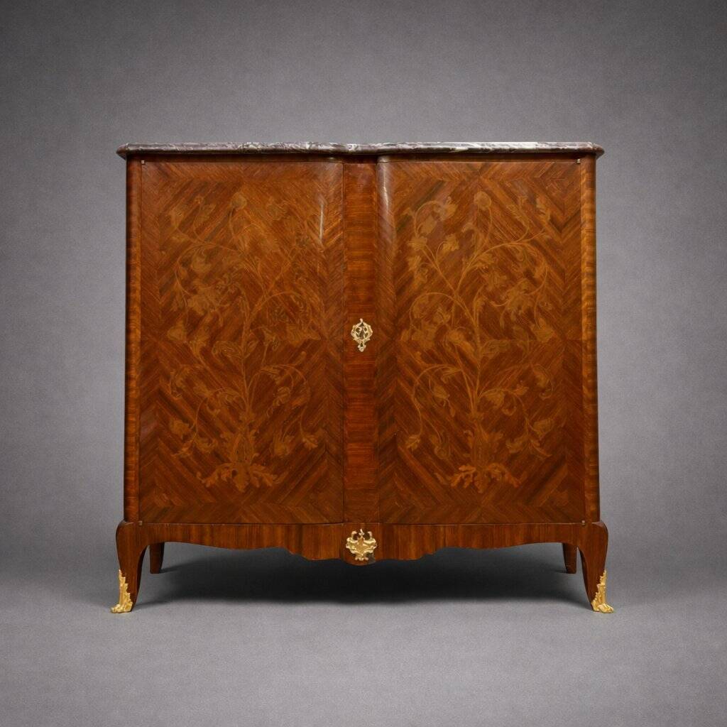 Wooden cabinet with doors, richly inlaid with floral patterns, Louis XV style.