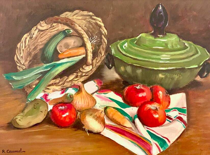 Oil on canvas, Still life "La garbure" signed and countersigned R.CAUMEL 1982