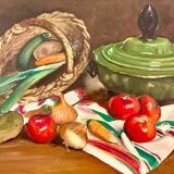 Oil on canvas, Still life "La garbure" signed and countersigned R.CAUMEL 1982