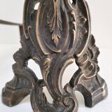 Pair of bronze andirons with black patina, 19th century, female caryatids