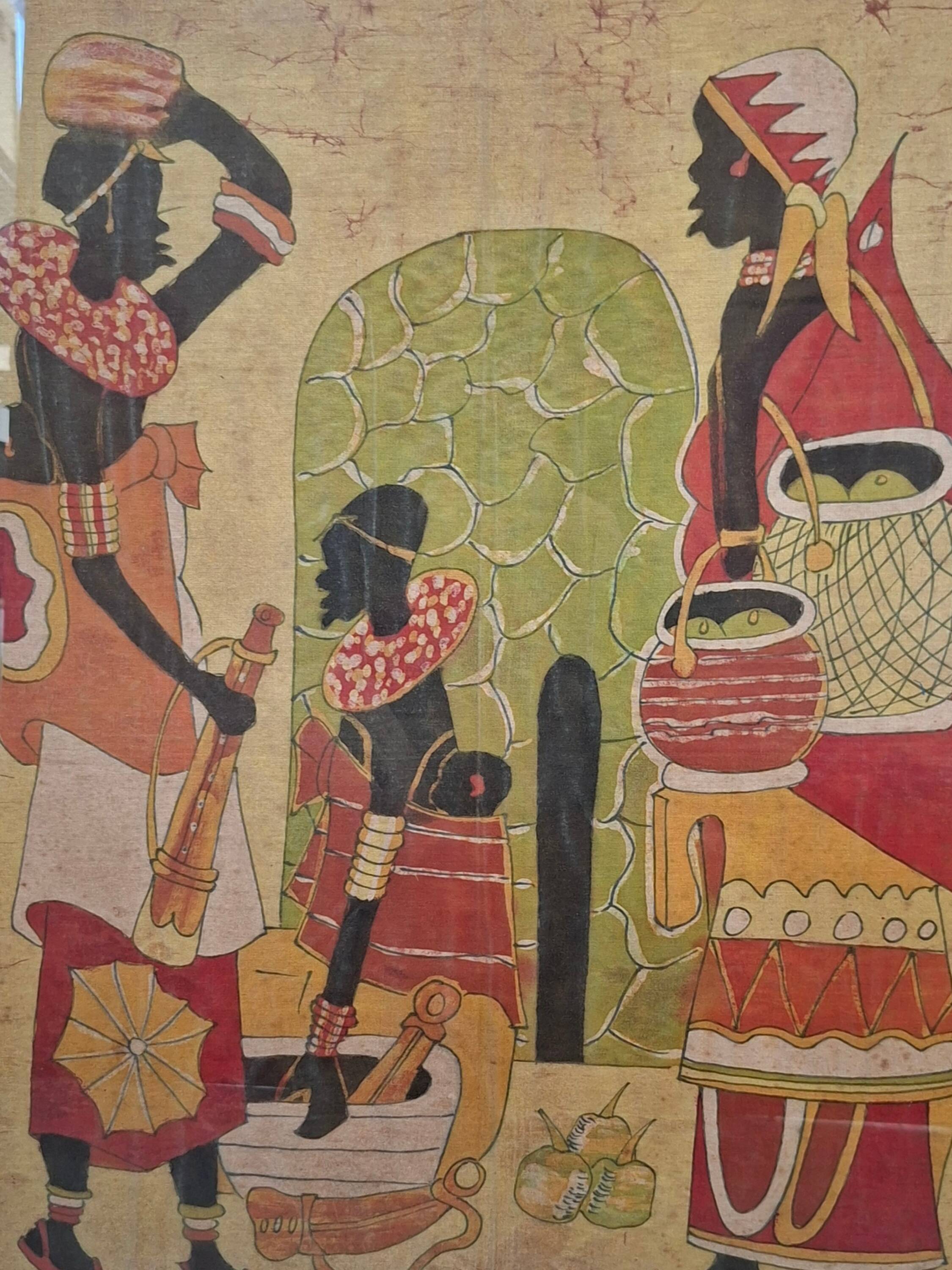 Tableau batik africain original signé "Hamidi", art sur tissu
