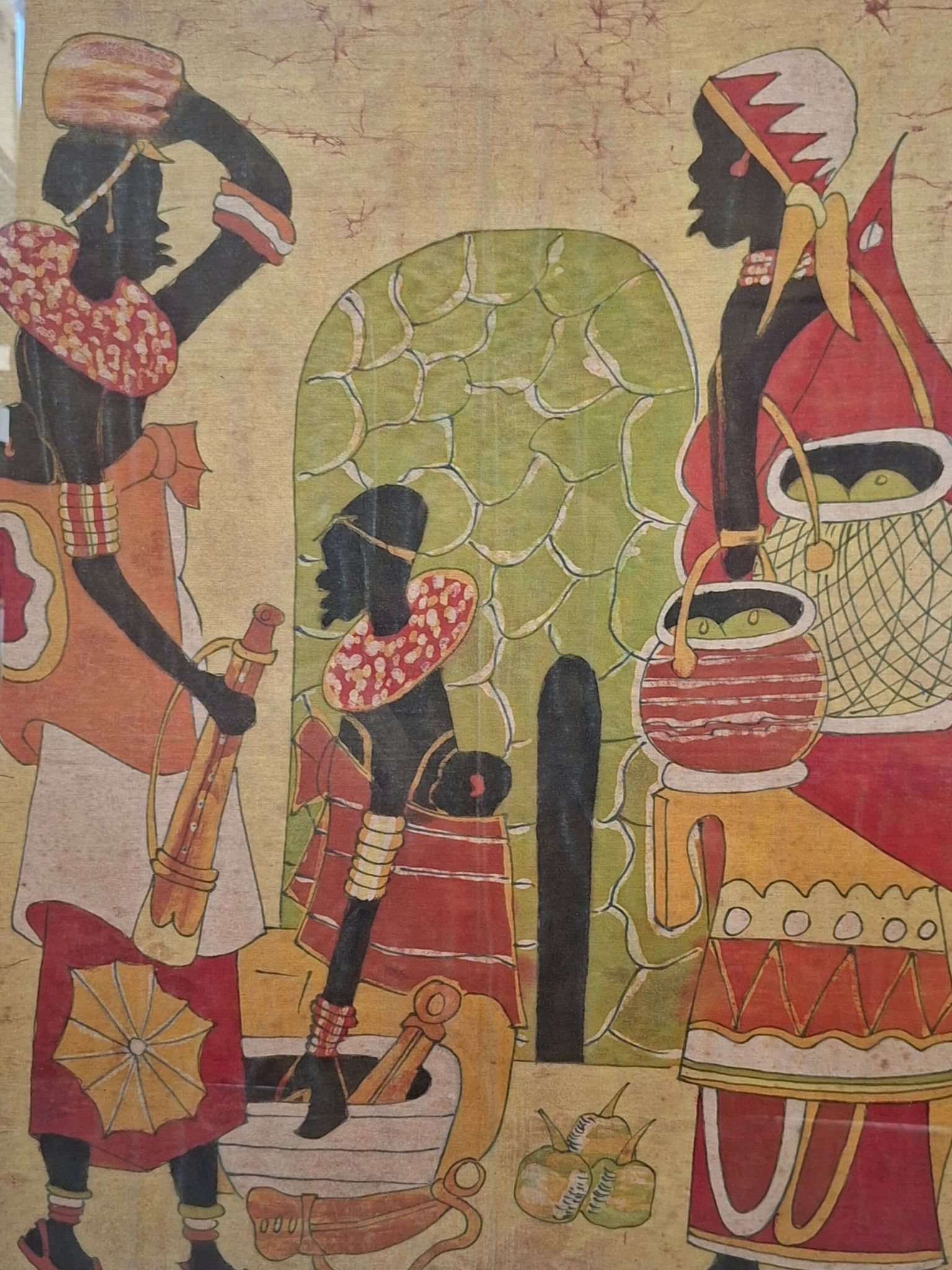Grande Quadro Batik Africano Originale Firmato "Hamidi" Arte su Tessuto 88x