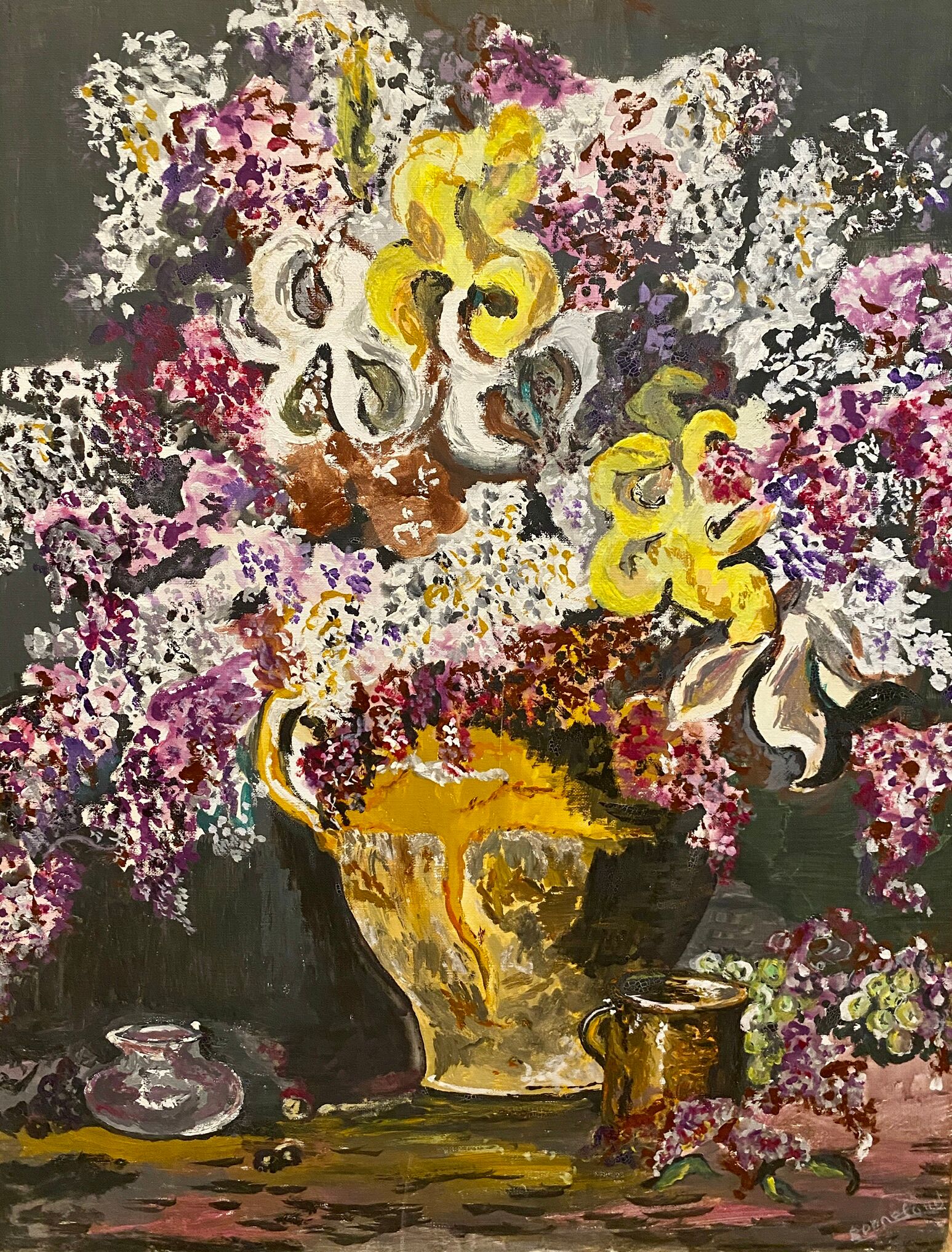 Ancient painting, still life with lilas and iris signed Bonnefond 70s