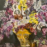 Ancient painting, still life with lilas and iris signed Bonnefond 70s
