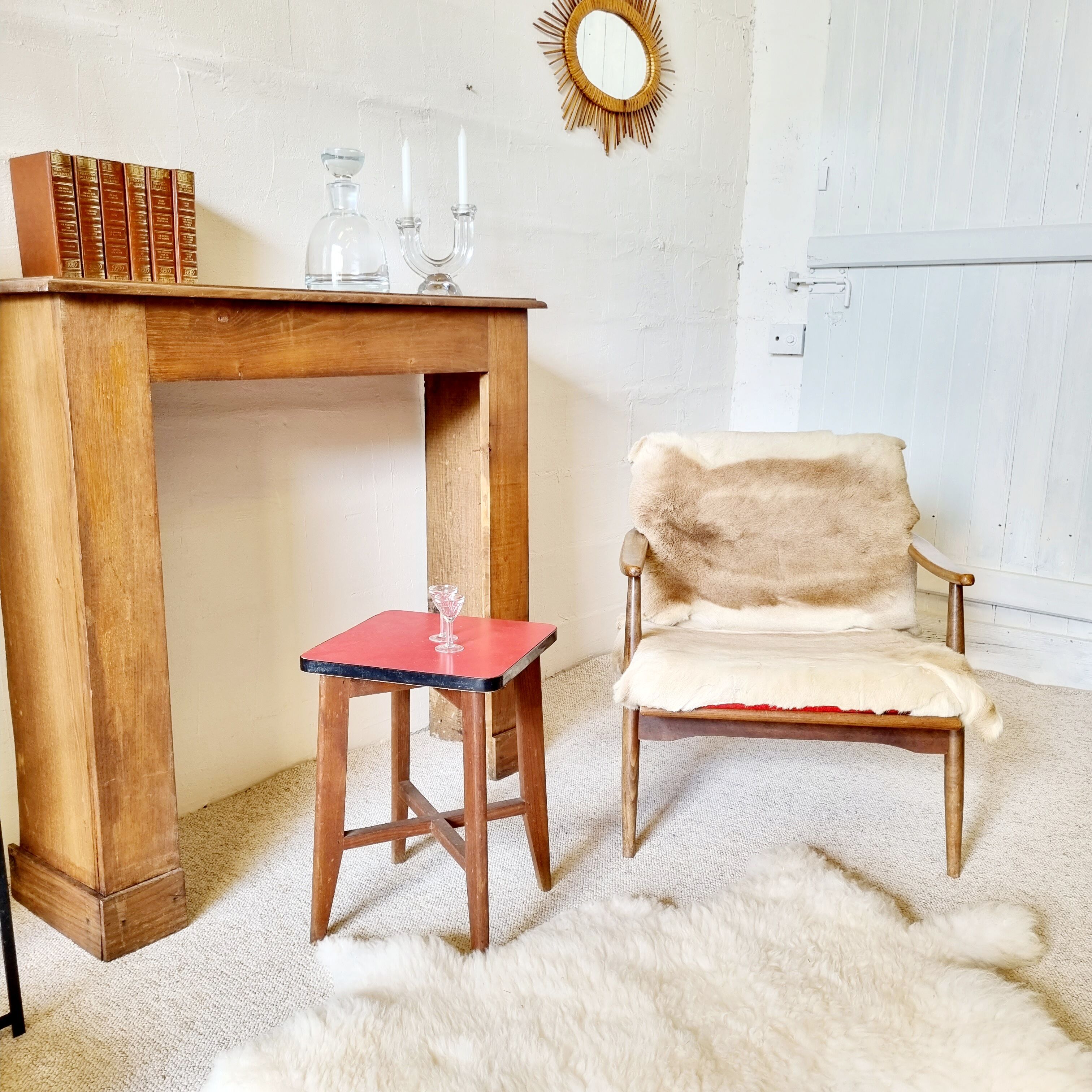Wooden stool and red formica