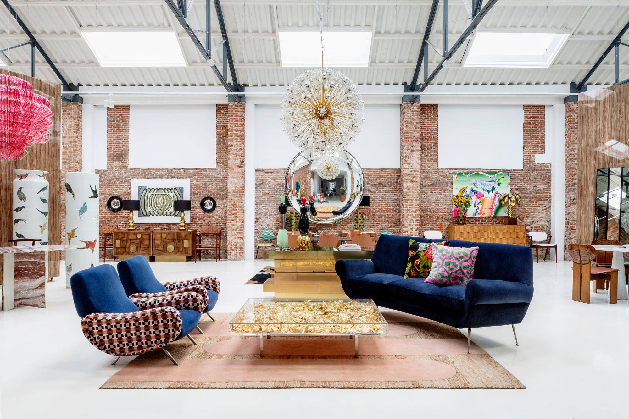 Gigi Radice Mid-Century Modern Midnight Blue Cotton Velvet Curved Italian Sofa