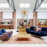 Gigi Radice Mid-Century Modern Midnight Blue Cotton Velvet Curved Italian Sofa