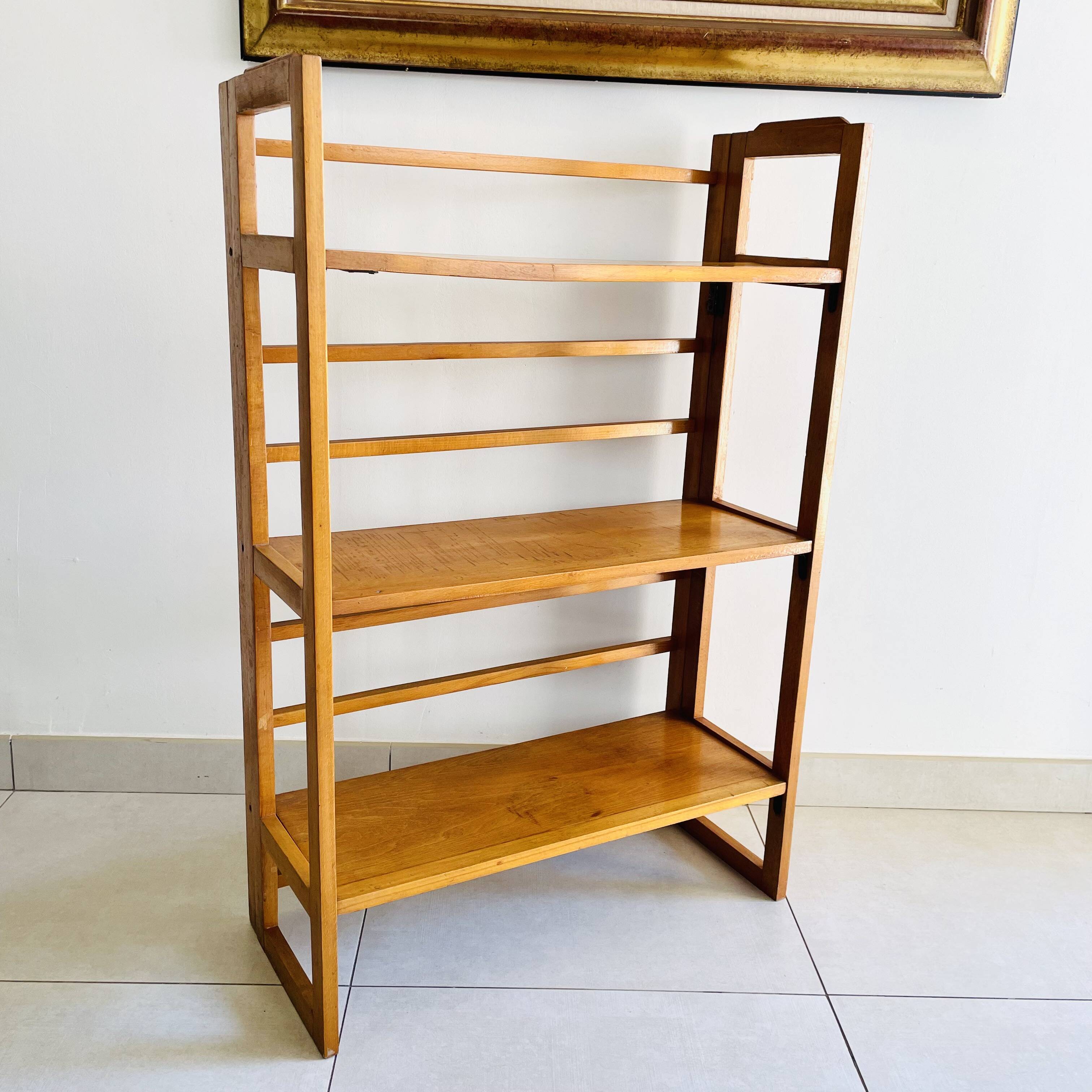Folding bookcase in varnished wood, Scandinavian vintage style from the 1970s