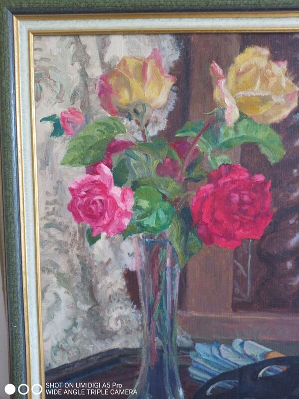 Huile sur toile 54x37 / bouquet de fleur et masque jeanne janoge (1890-?)