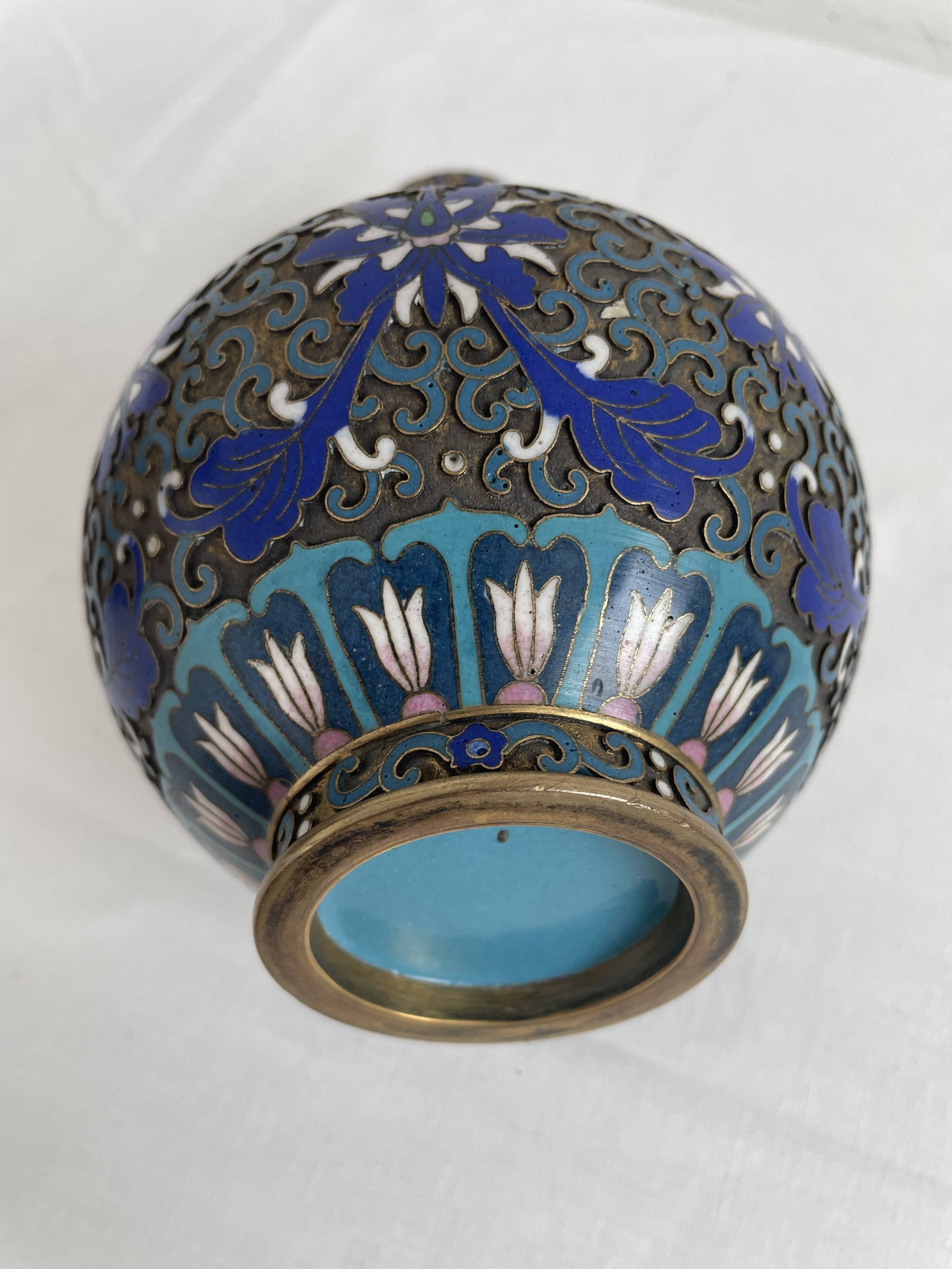 Vintage, pair of vases, Chinese, cloisonné metal, enameled, polychrome floral decor, golden hoop