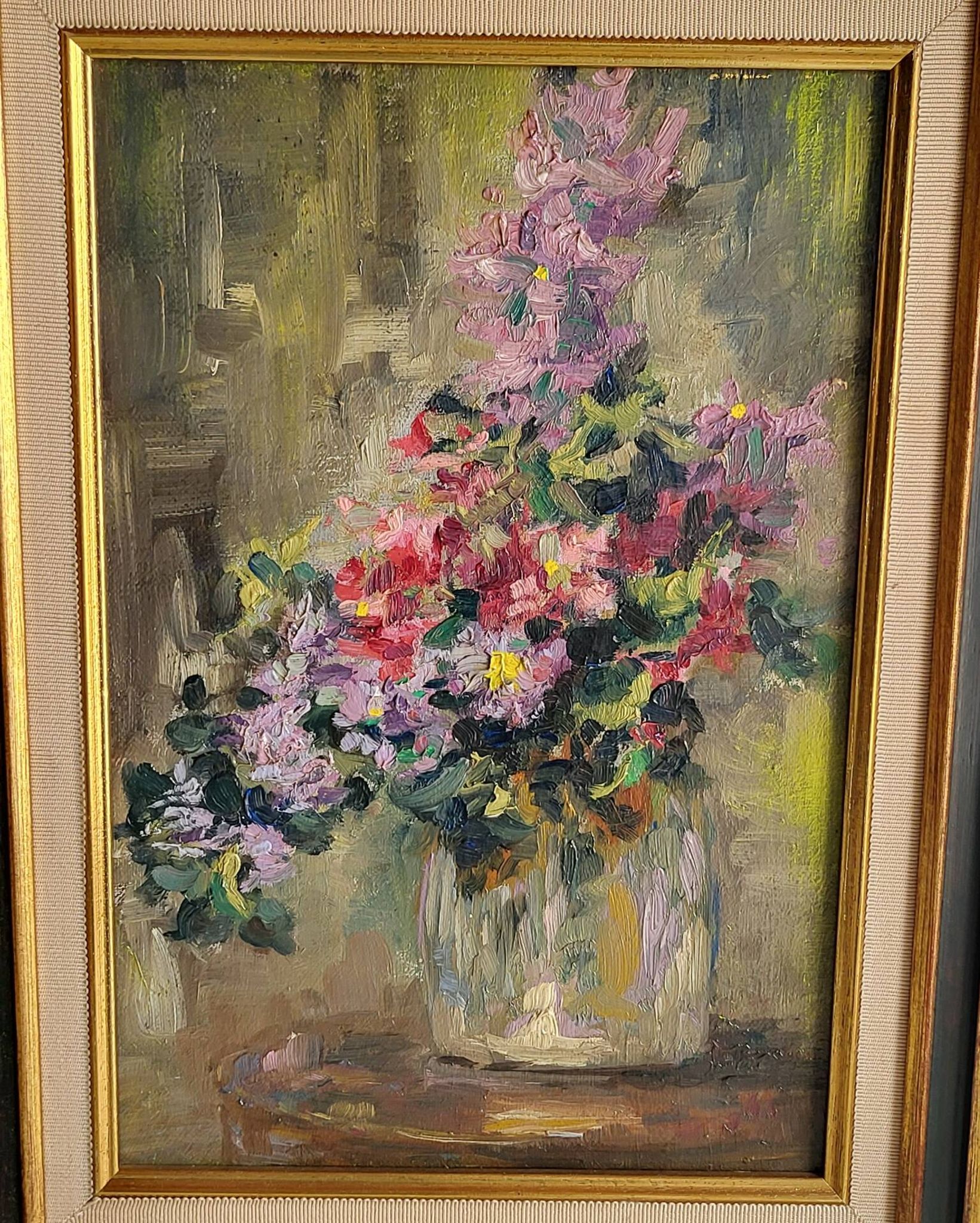 Still Life with Flower Bouquet Oil on Canvas Wooden Frame