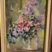 Still Life with Flower Bouquet Oil on Canvas Wooden Frame