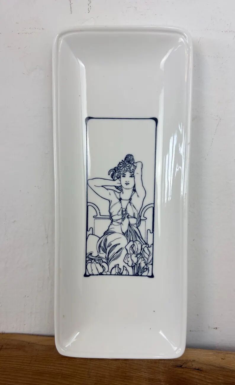 Vintage Mid-Century Ring Dish, Porcelain Tray featuring Alphonse Mucha’s "Amethyst"