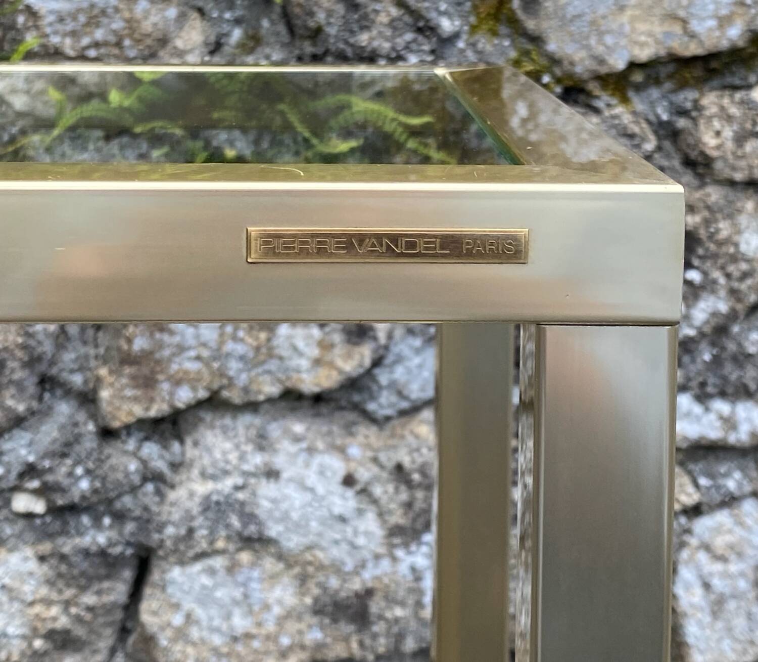 Vintage 1980s rectangular gold metal end table/shelf by pierre vande