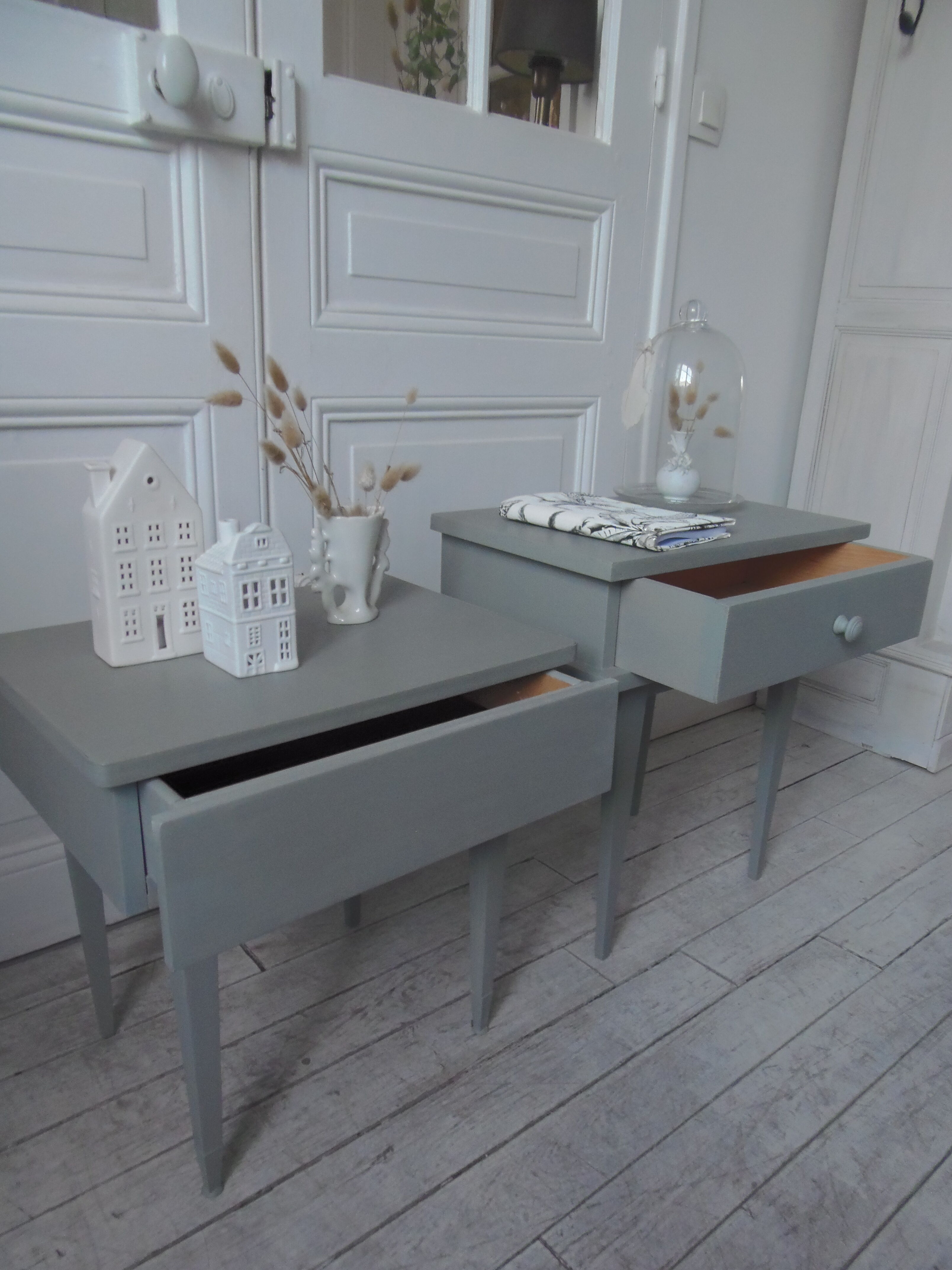 Duo of bedside tables, mismatched vintage sofa ends green of gray