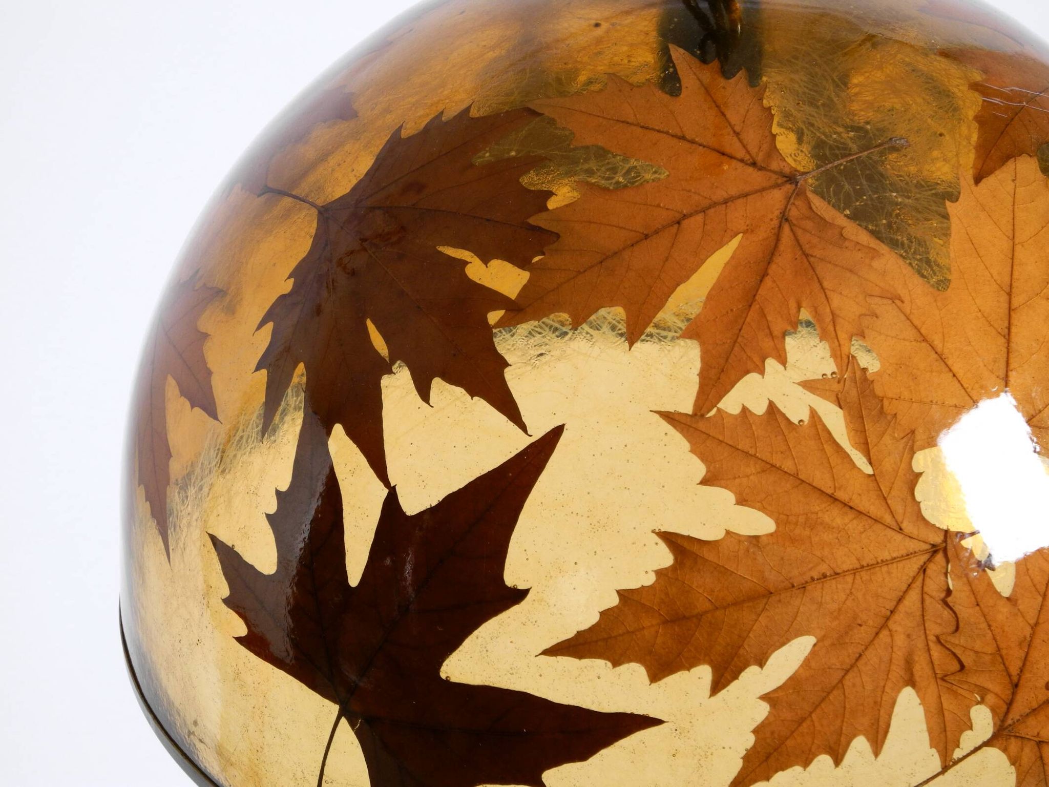 Rare, large 1970s Italian resin pendant lamp with embedded maple leaves