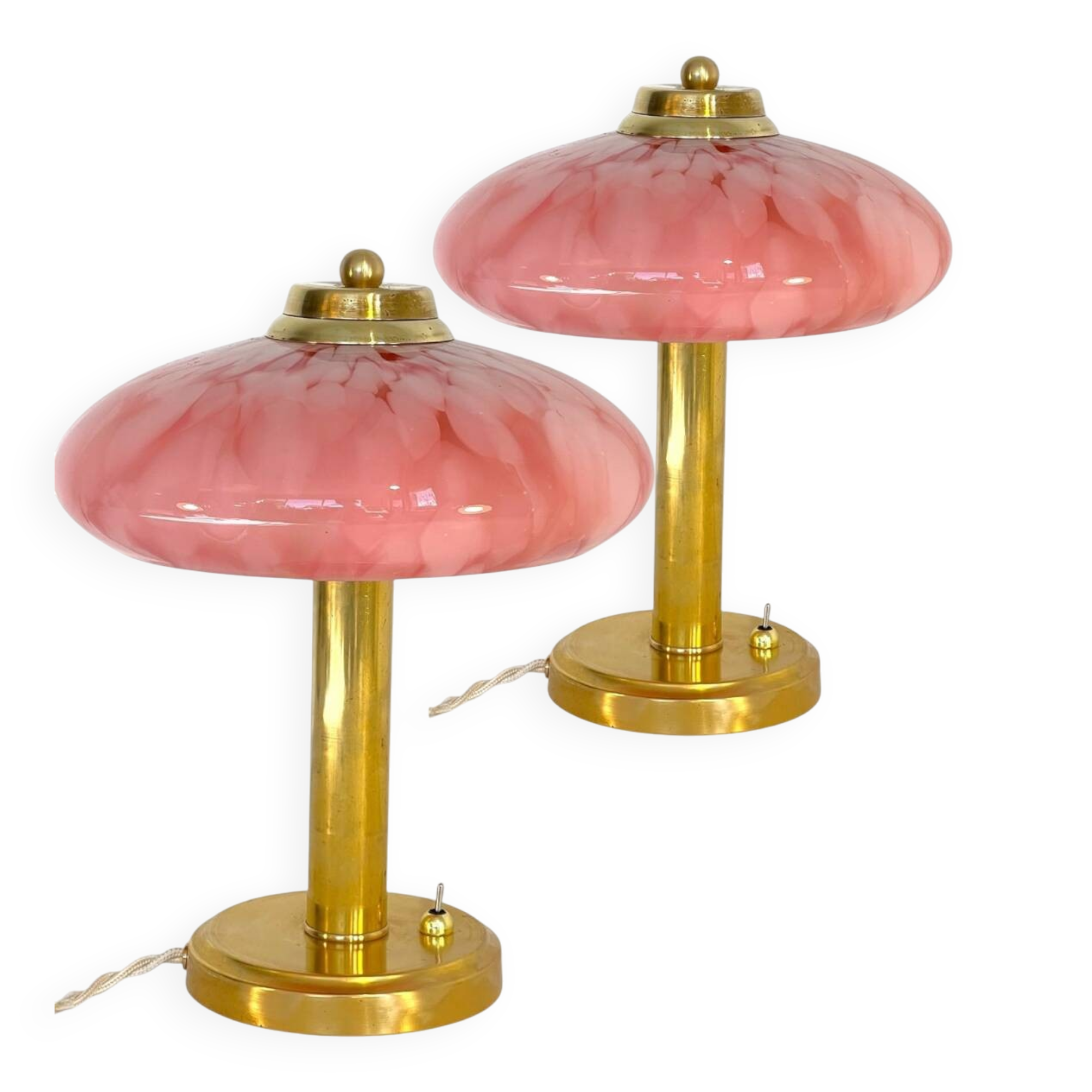 Pair of Art Deco mushroom table lamps, pink Clichy glass