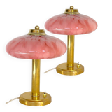 Pair of Art Deco mushroom table lamps, pink Clichy glass
