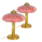 Pair of Art Deco mushroom table lamps, pink Clichy glass
