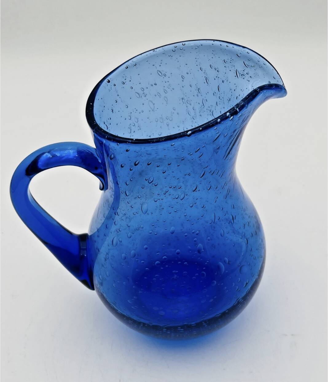 Blue bubble glass pitcher signed Biot