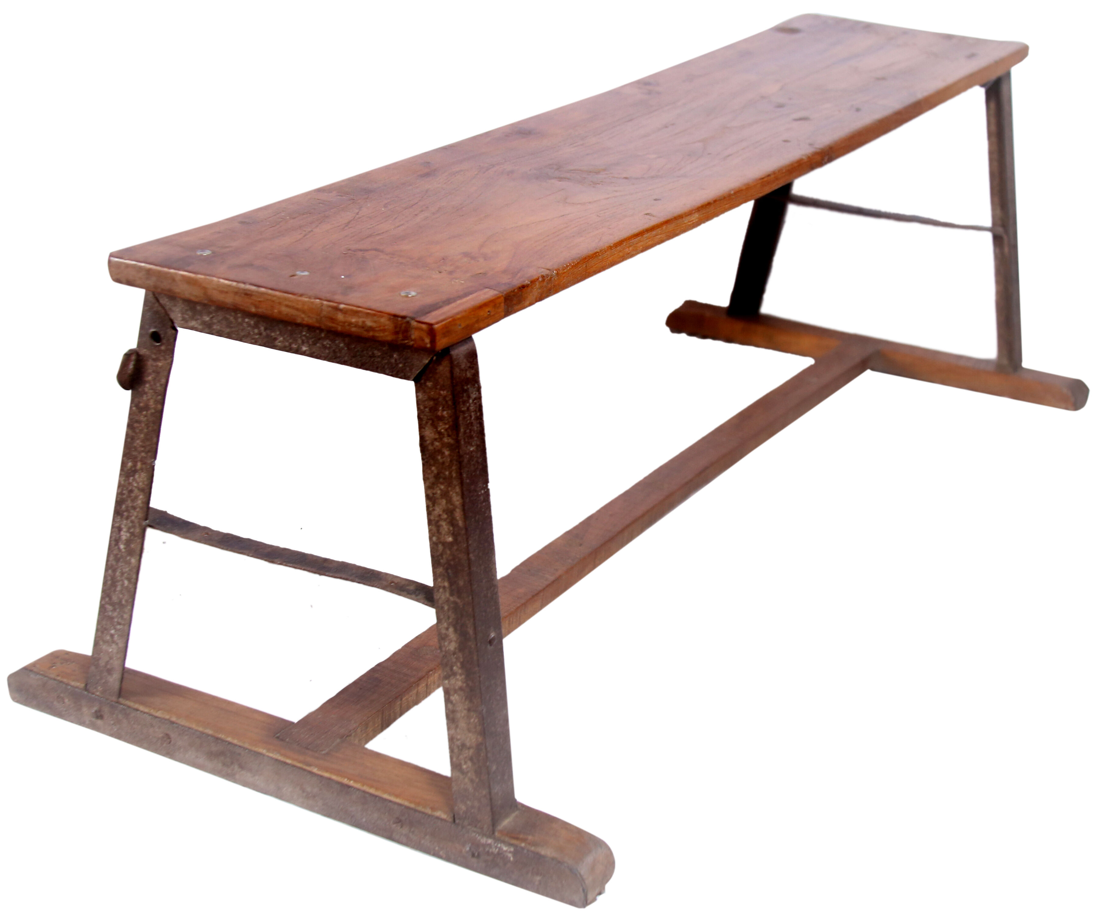 Ancient Burmese teak bench with metal base