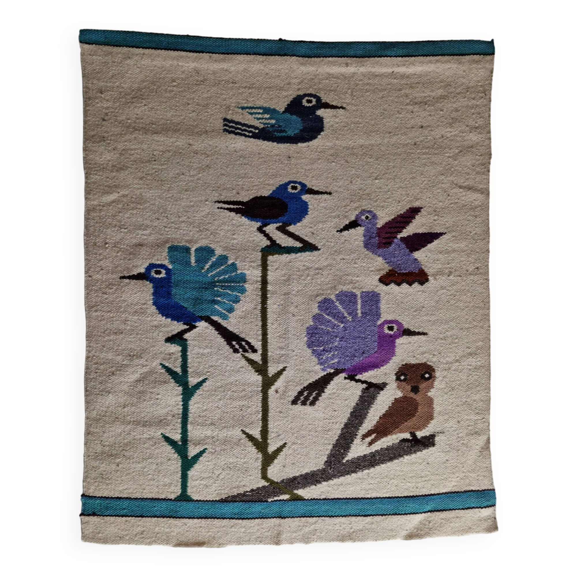 Handcrafted wall tapestry in dyed wool, bird decor, 67 cm by 84 cm