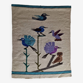 Handcrafted wall tapestry in dyed wool, bird decor, 67 cm by 84 cm
