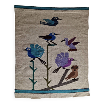 Handcrafted wall tapestry in dyed wool, bird decor, 67 cm by 84 cm